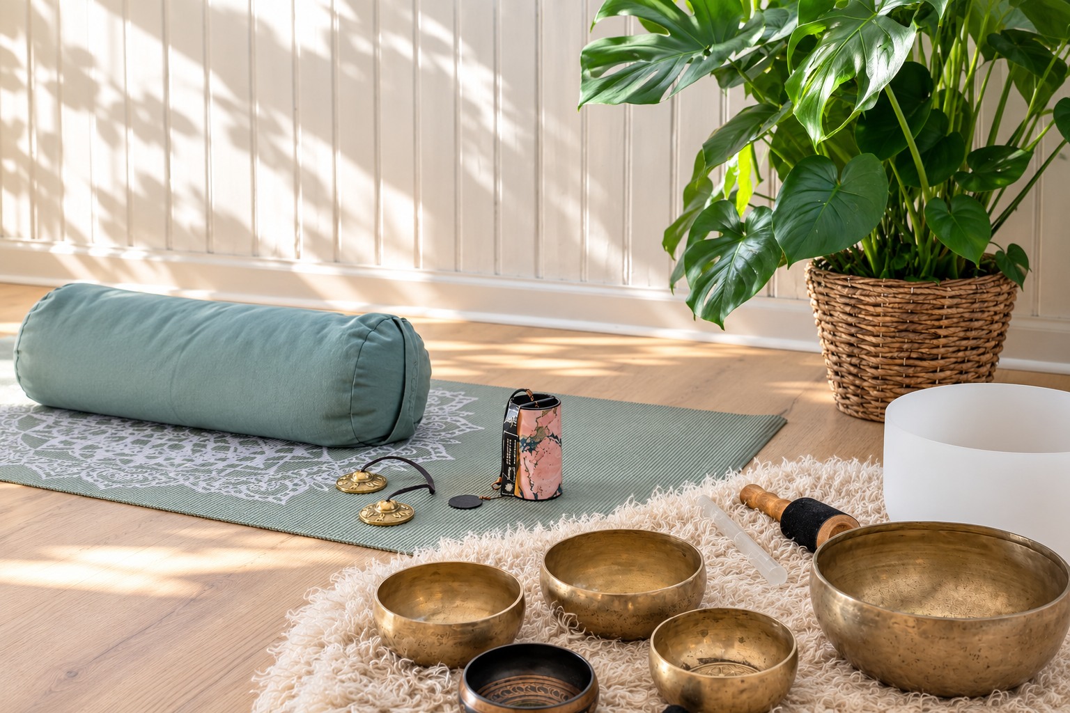 Yogakudde, växter och klangskålar i en ljus och rofylld miljö